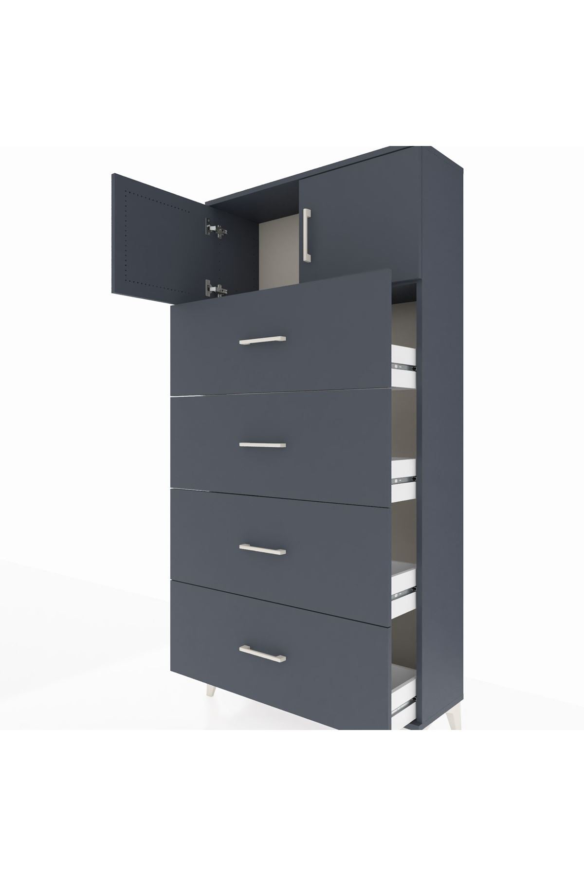 Arges Dolap Tek Raflı 4 Çekmeceli 2 Kapaklı 88x30x182 Antrasit-Antrasit