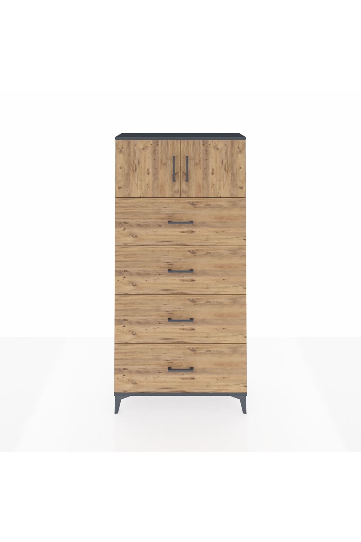 Arges Dolap Tek Raflı 4 Çekmeceli 2 Kapaklı 88x30x182 Antrasit-Çam