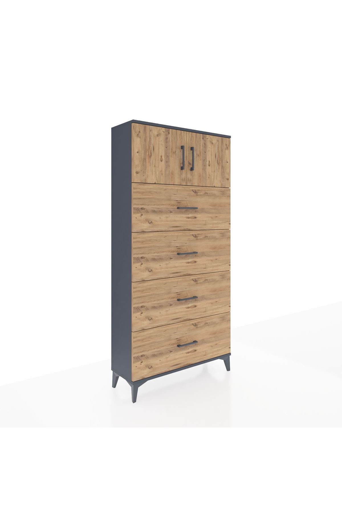 Arges Dolap Tek Raflı 4 Çekmeceli 2 Kapaklı 88x30x182 Antrasit-Çam