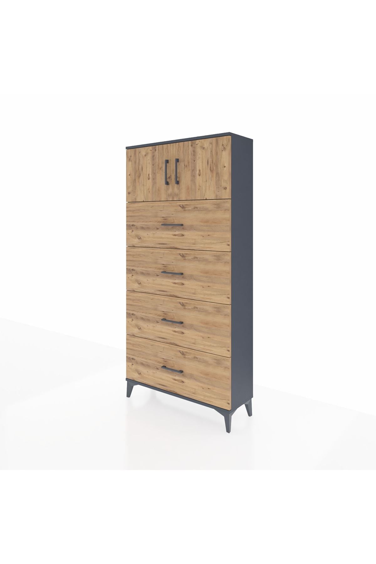 Arges Dolap Tek Raflı 4 Çekmeceli 2 Kapaklı 88x30x182 Antrasit-Çam