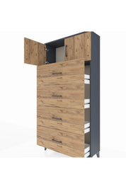 Arges Dolap Tek Raflı 4 Çekmeceli 2 Kapaklı 88x30x182 Antrasit-Çam