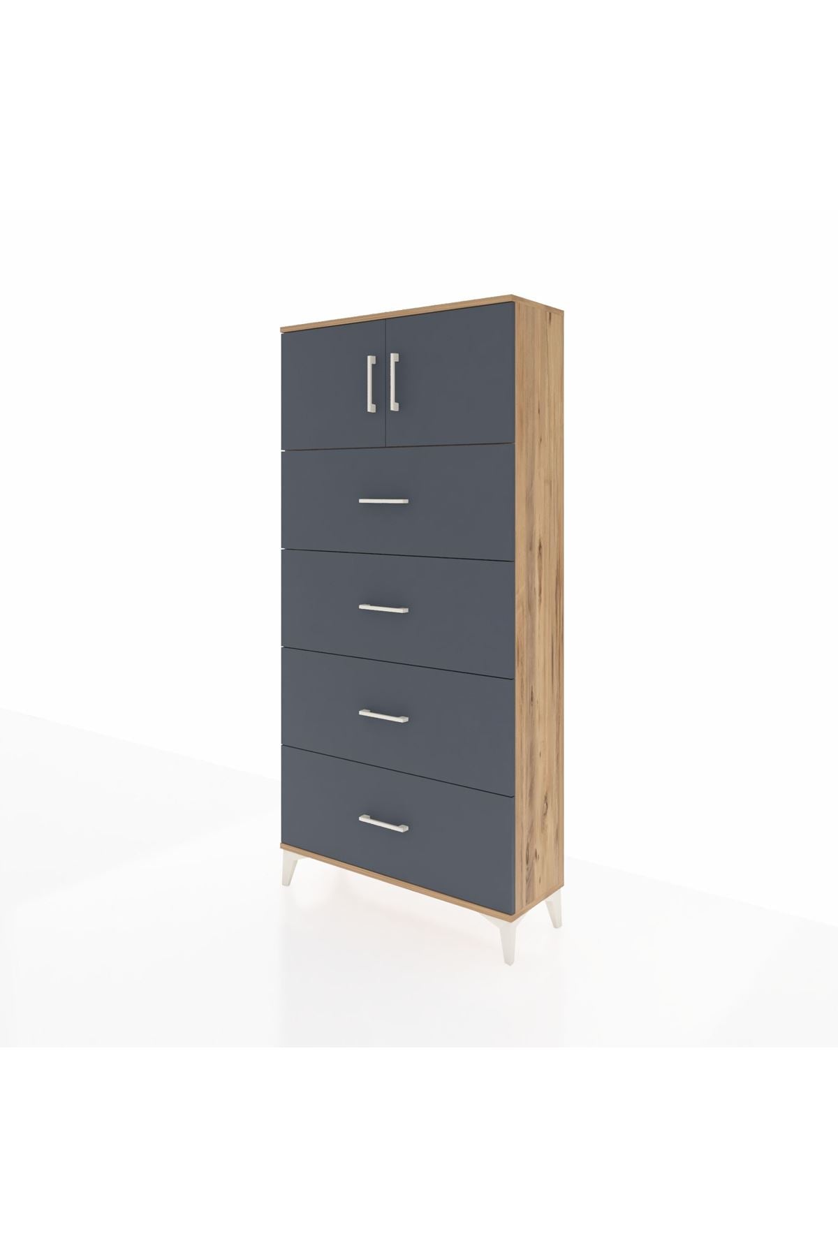 Arges Dolap Tek Raflı 4 Çekmeceli 2 Kapaklı 88x30x182 Çam-Antrasit