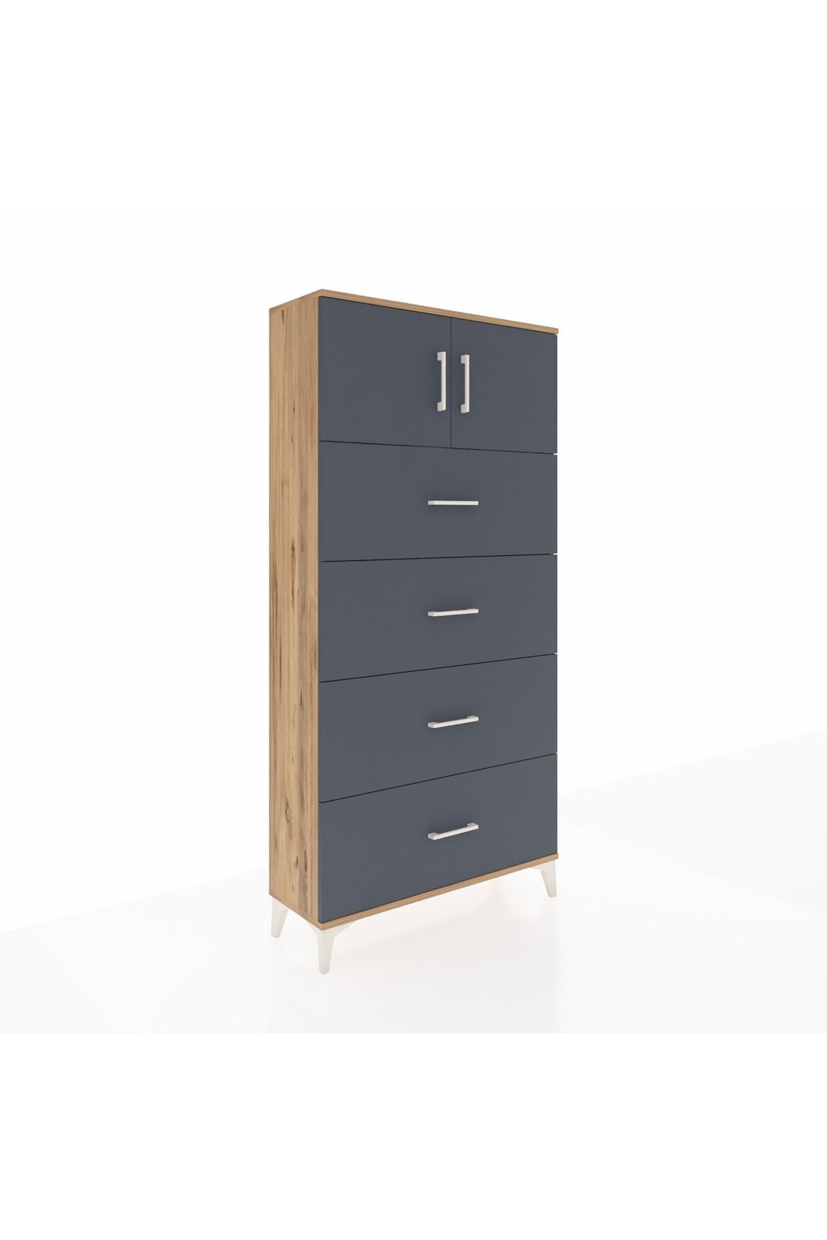 Arges Dolap Tek Raflı 4 Çekmeceli 2 Kapaklı 88x30x182 Çam-Antrasit