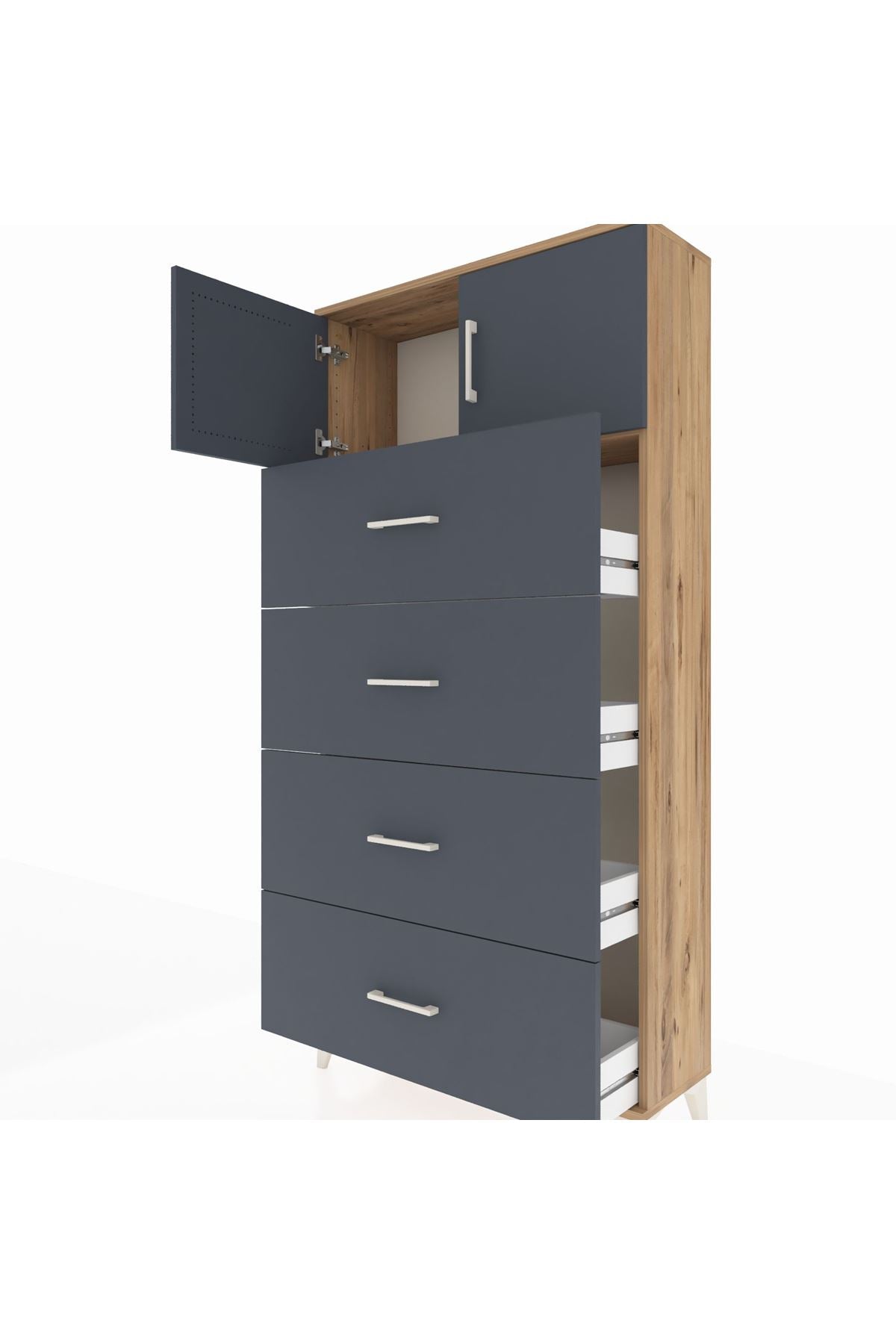 Arges Dolap Tek Raflı 4 Çekmeceli 2 Kapaklı 88x30x182 Çam-Antrasit