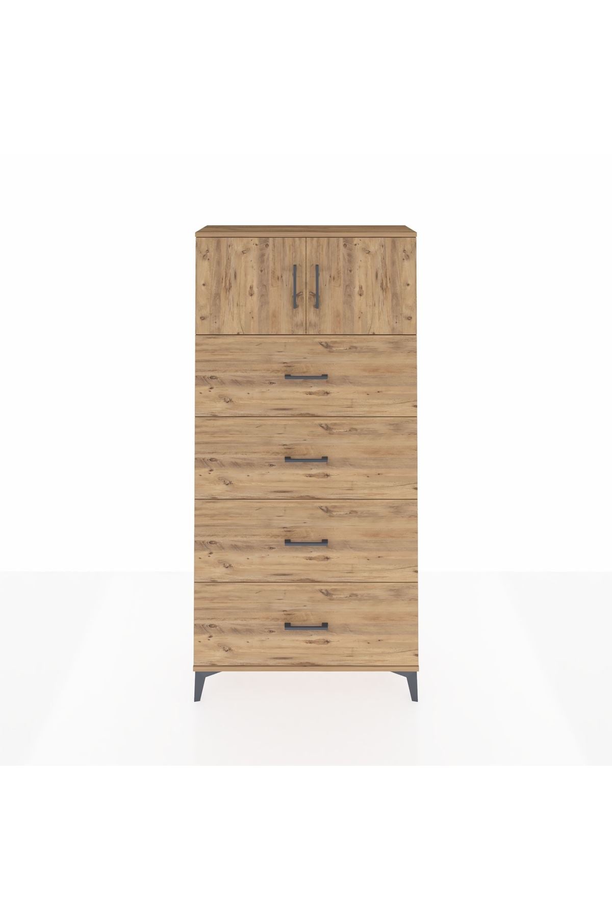 Arges Dolap Tek Raflı 4 Çekmeceli 2 Kapaklı 88x30x182 Çam-Çam