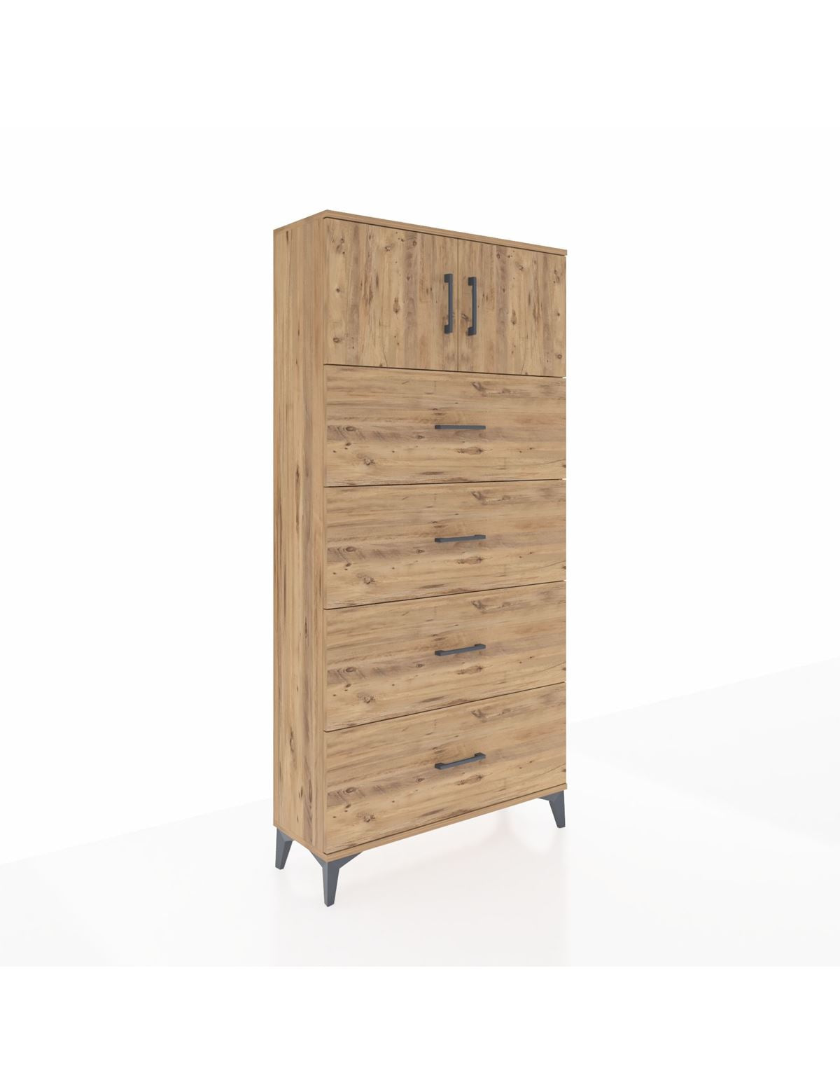 Arges Dolap Tek Raflı 4 Çekmeceli 2 Kapaklı 88x30x182 Çam-Çam