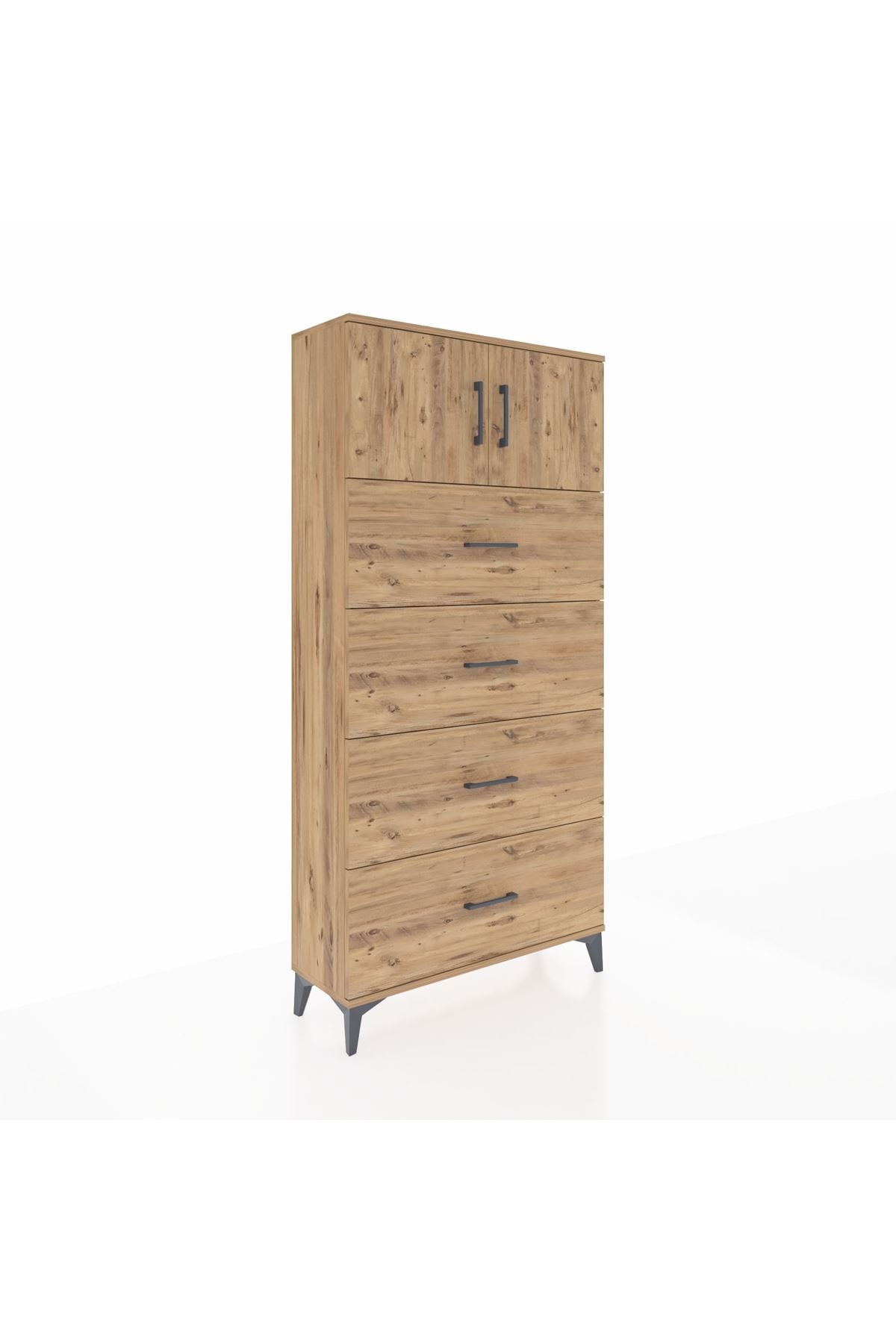 Arges Dolap Tek Raflı 4 Çekmeceli 2 Kapaklı 88x30x182 Çam-Çam