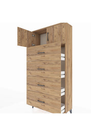 Arges Dolap Tek Raflı 4 Çekmeceli 2 Kapaklı 88x30x182 Çam-Çam