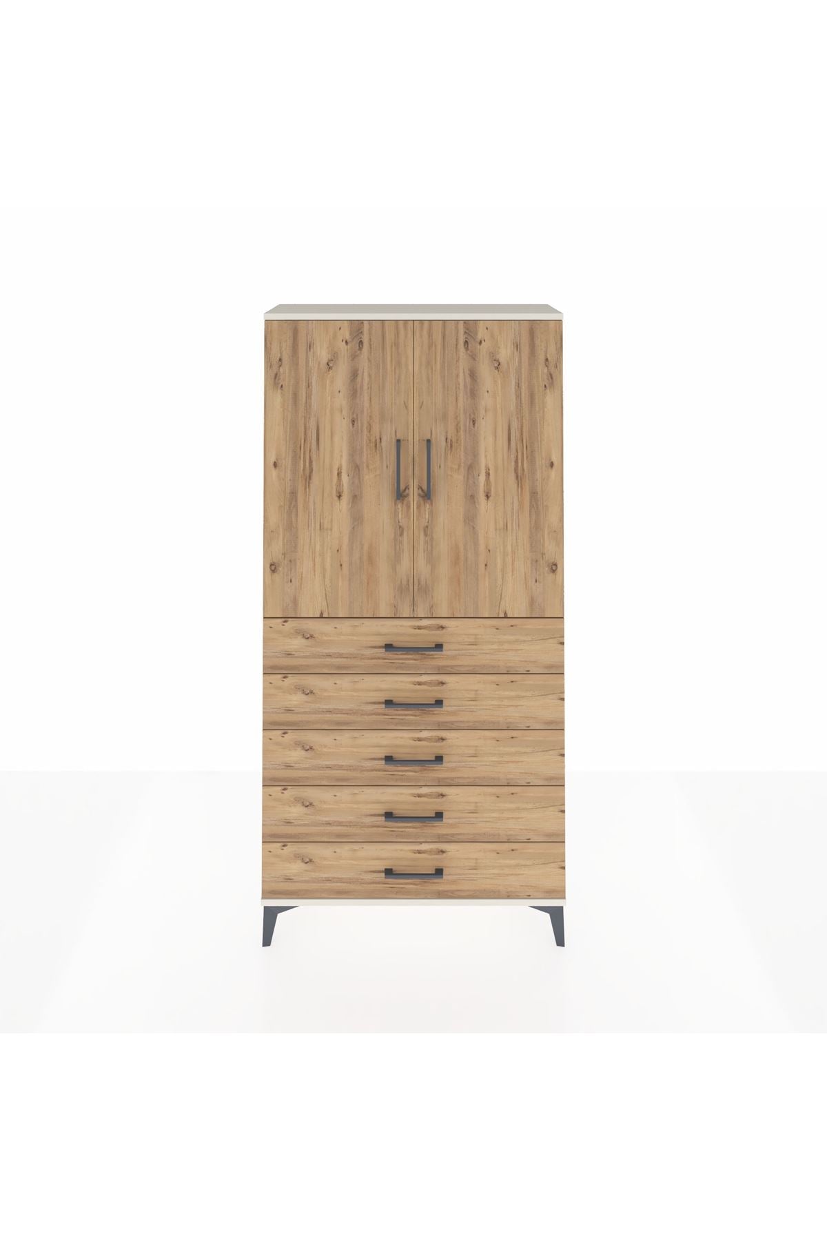 Arges Dolap Tek Raflı 5 Çekmeceli Tek Askılı 88x30x182 Aytaşı-Çam