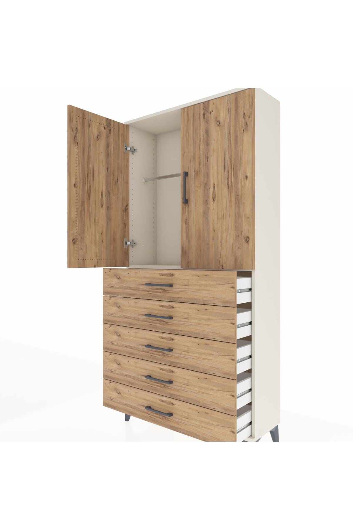 Arges Dolap Tek Raflı 5 Çekmeceli Tek Askılı 88x30x182 Aytaşı-Çam