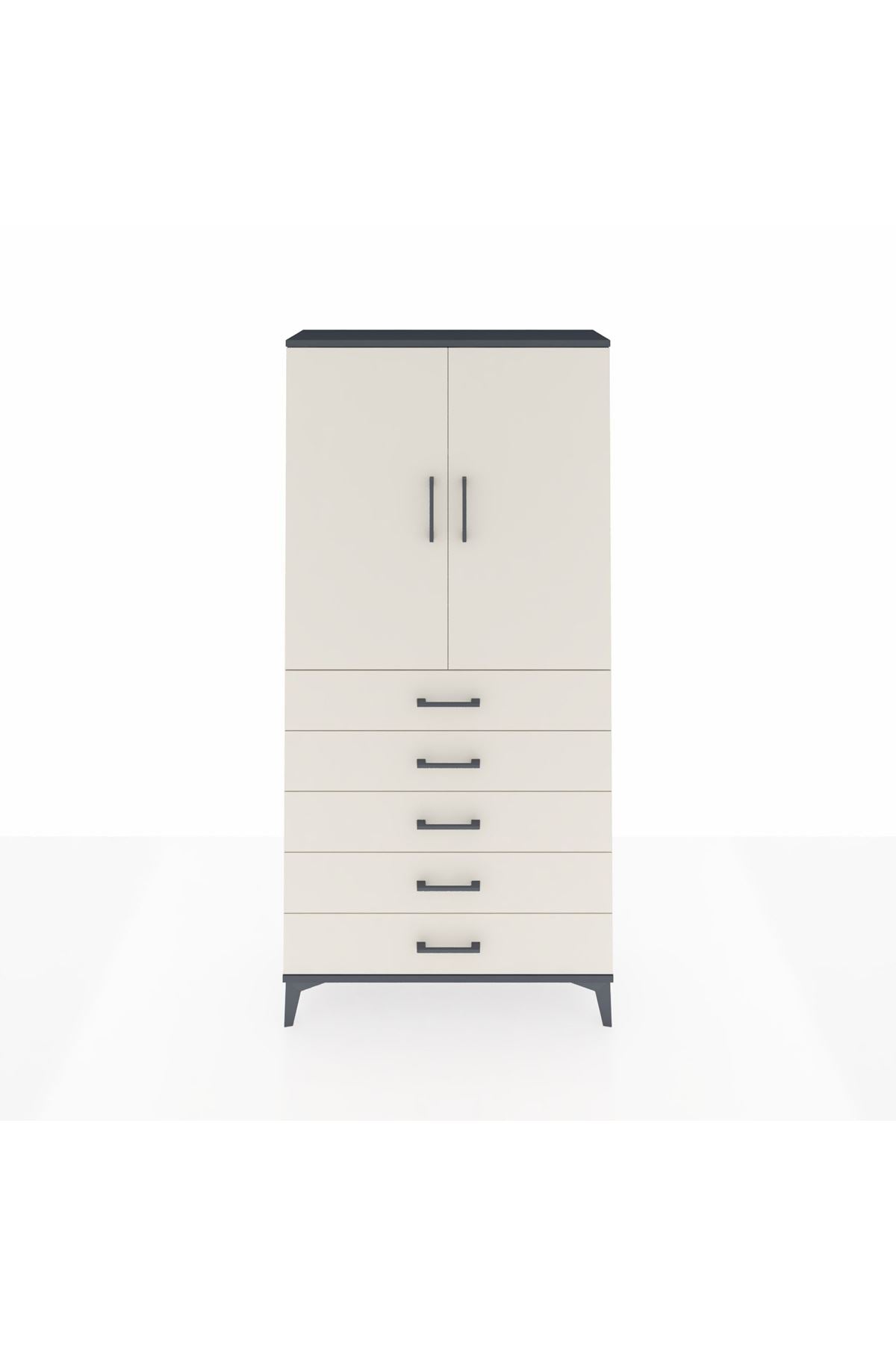 Arges Dolap Tek Raflı 5 Çekmeceli Tek Askılı 88x30x182 Antrasit-Aytaşı