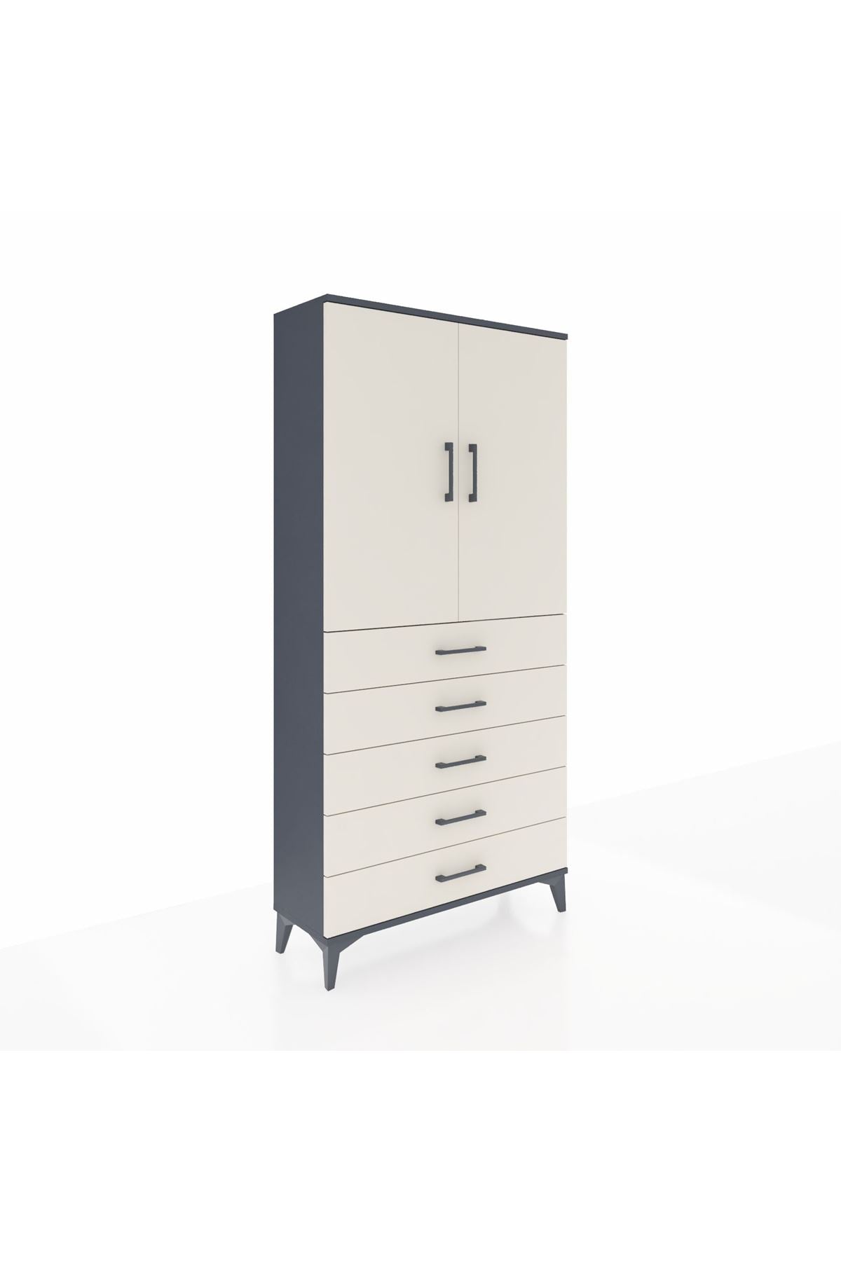 Arges Dolap Tek Raflı 5 Çekmeceli Tek Askılı 88x30x182 Antrasit-Aytaşı