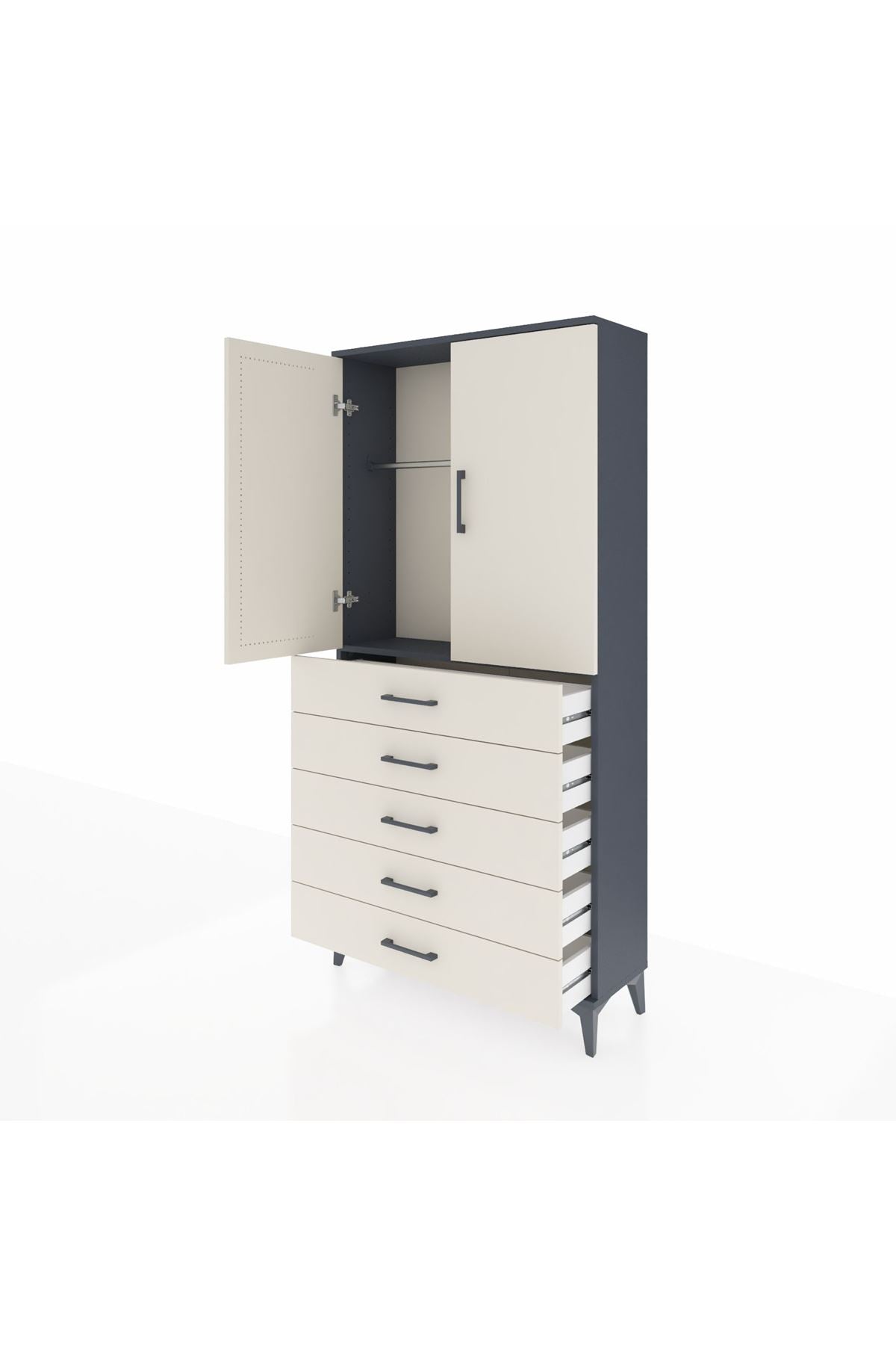 Arges Dolap Tek Raflı 5 Çekmeceli Tek Askılı 88x30x182 Antrasit-Aytaşı