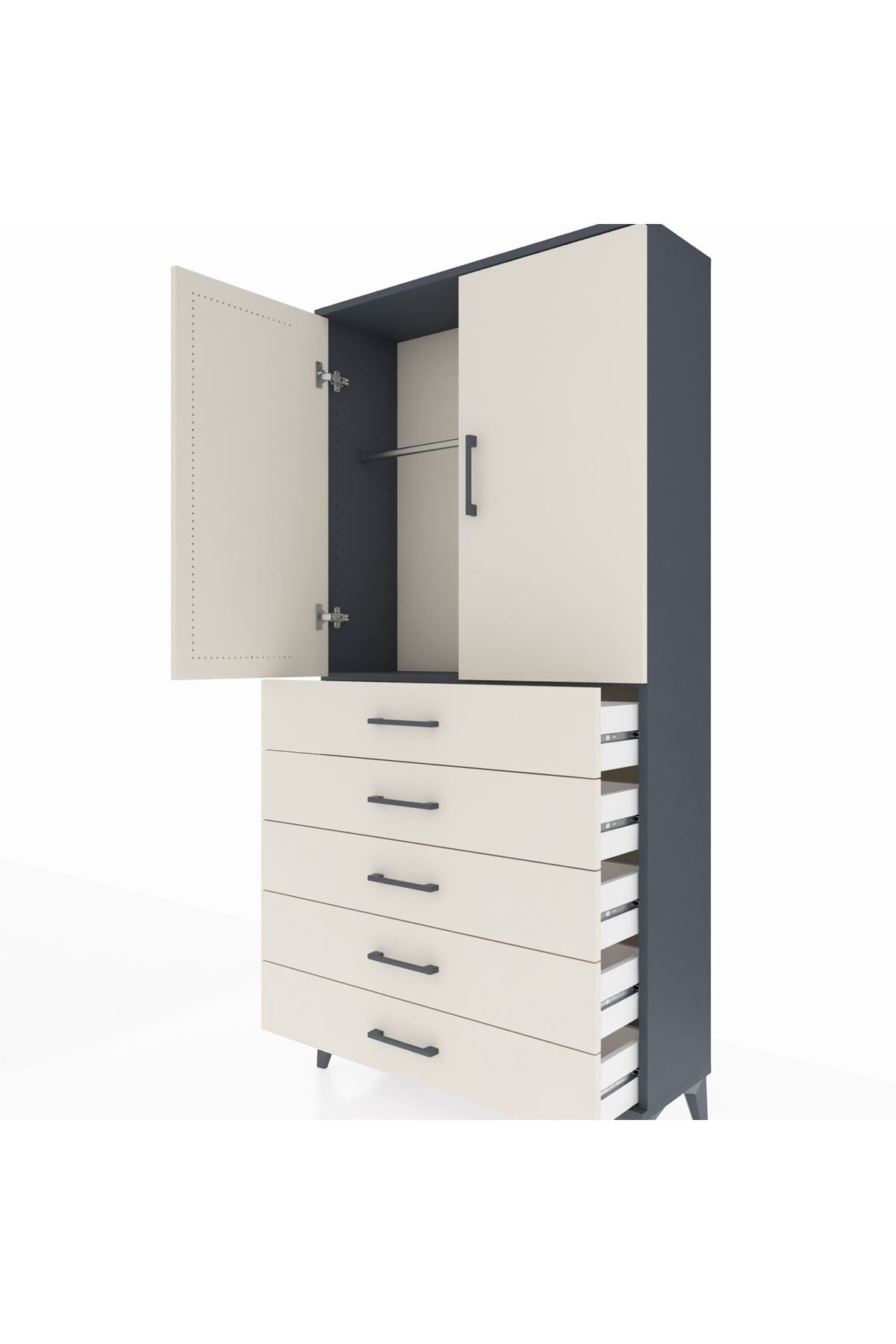 Arges Dolap Tek Raflı 5 Çekmeceli Tek Askılı 88x30x182 Antrasit-Aytaşı