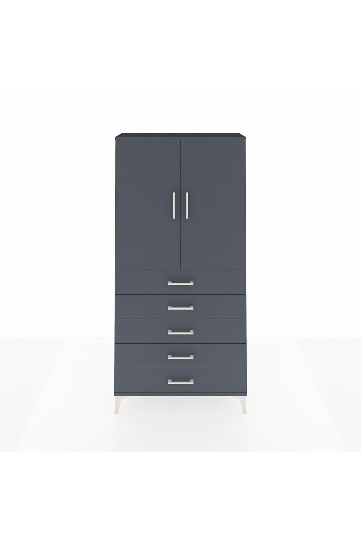 Arges Dolap Tek Raflı 5 Çekmeceli Tek Askılı 88x30x182 Antrasit-Antrasit