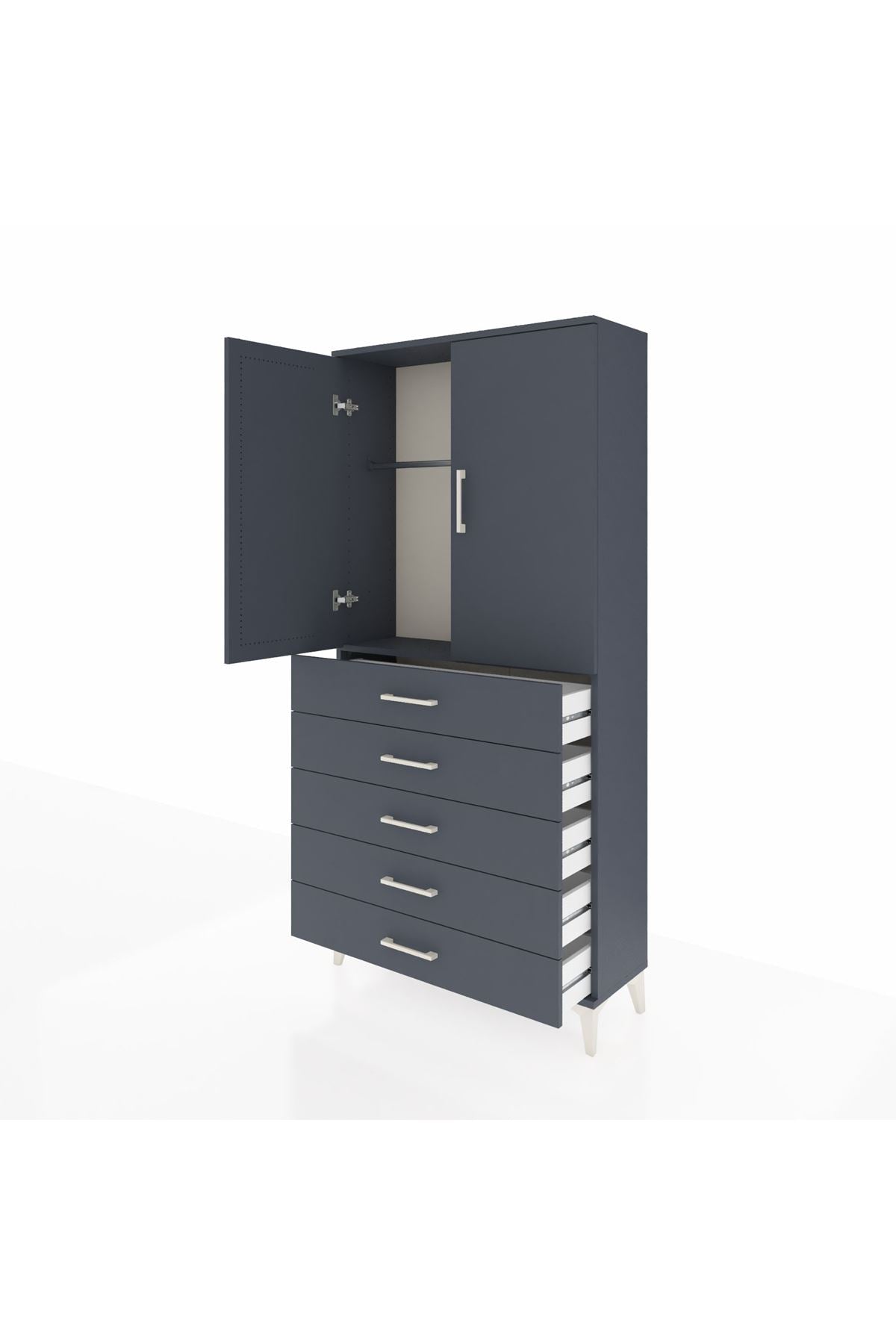 Arges Dolap Tek Raflı 5 Çekmeceli Tek Askılı 88x30x182 Antrasit-Antrasit