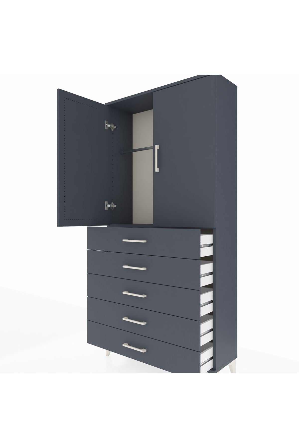 Arges Dolap Tek Raflı 5 Çekmeceli Tek Askılı 88x30x182 Antrasit-Antrasit