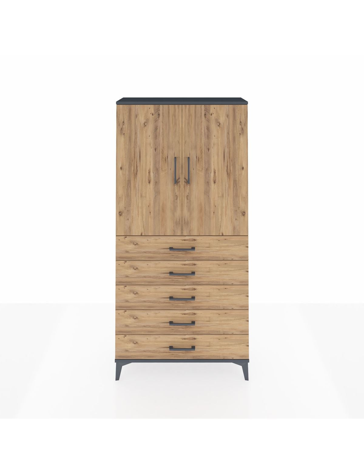 Arges Dolap Tek Raflı 5 Çekmeceli Tek Askılı 88x30x182 Antrasit-Çam