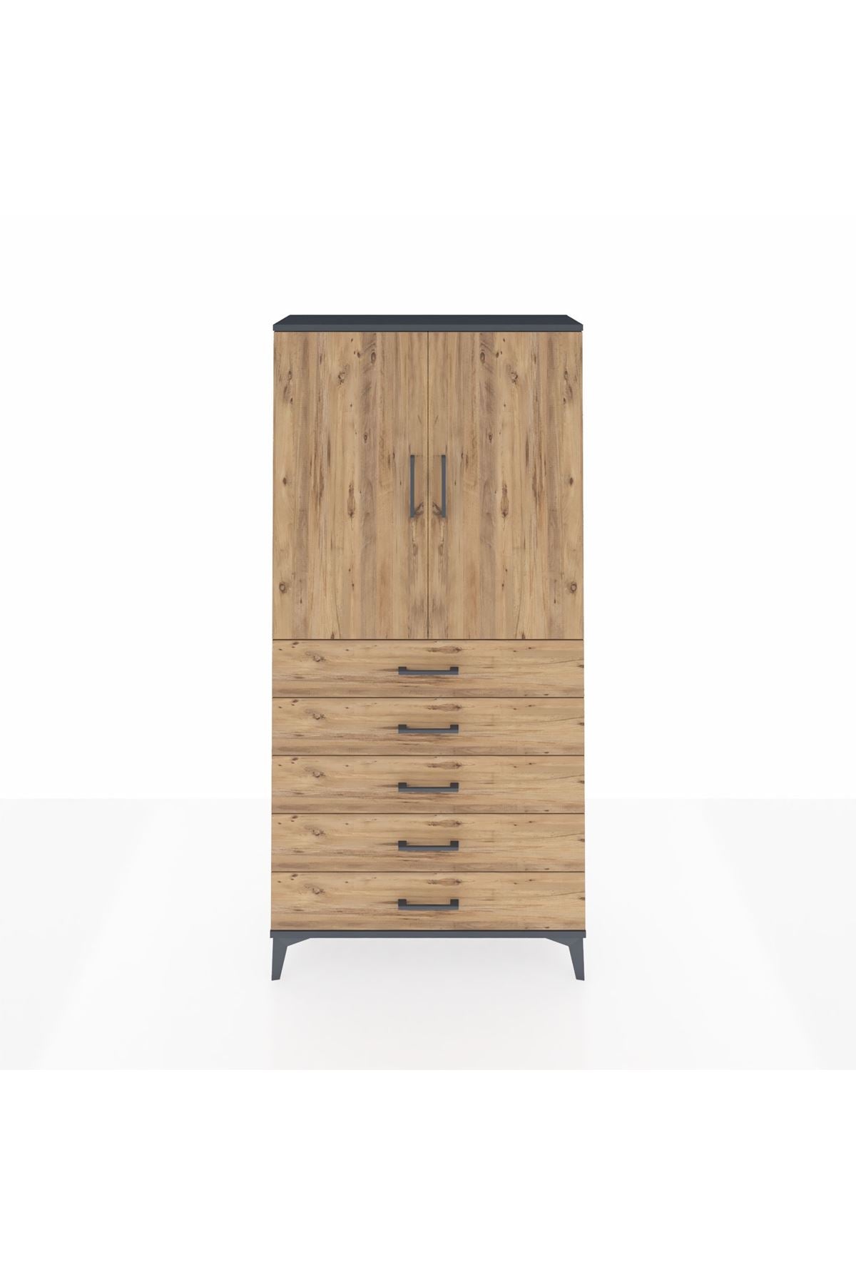 Arges Dolap Tek Raflı 5 Çekmeceli Tek Askılı 88x30x182 Antrasit-Çam