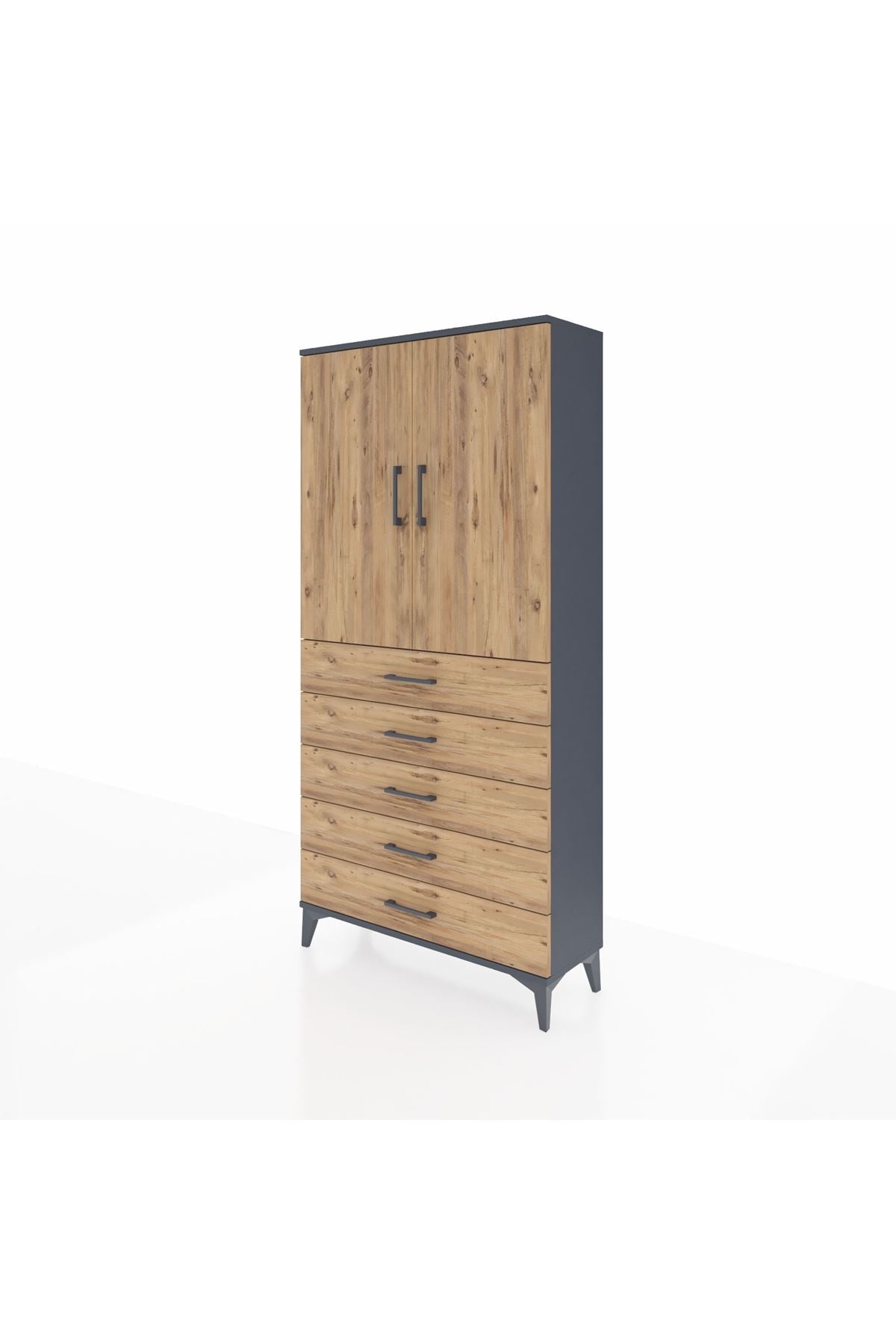 Arges Dolap Tek Raflı 5 Çekmeceli Tek Askılı 88x30x182 Antrasit-Çam