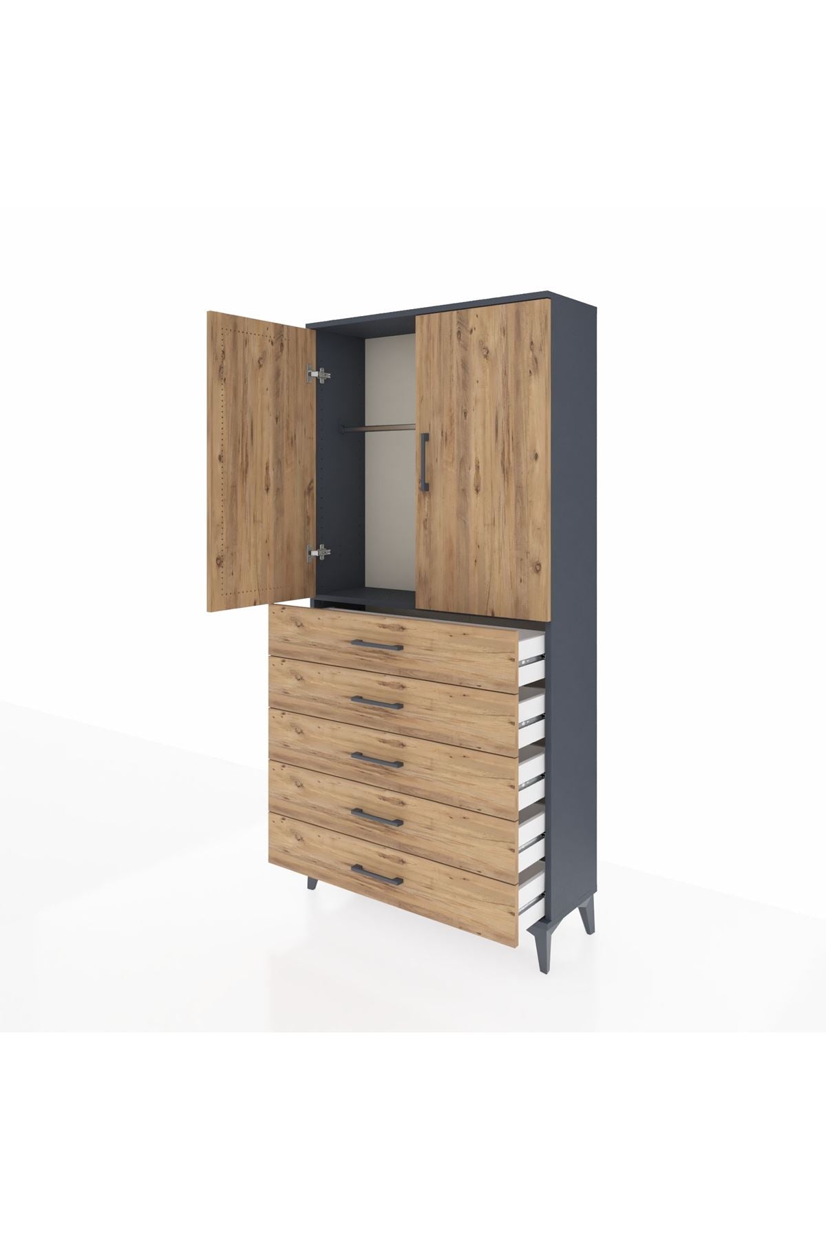 Arges Dolap Tek Raflı 5 Çekmeceli Tek Askılı 88x30x182 Antrasit-Çam