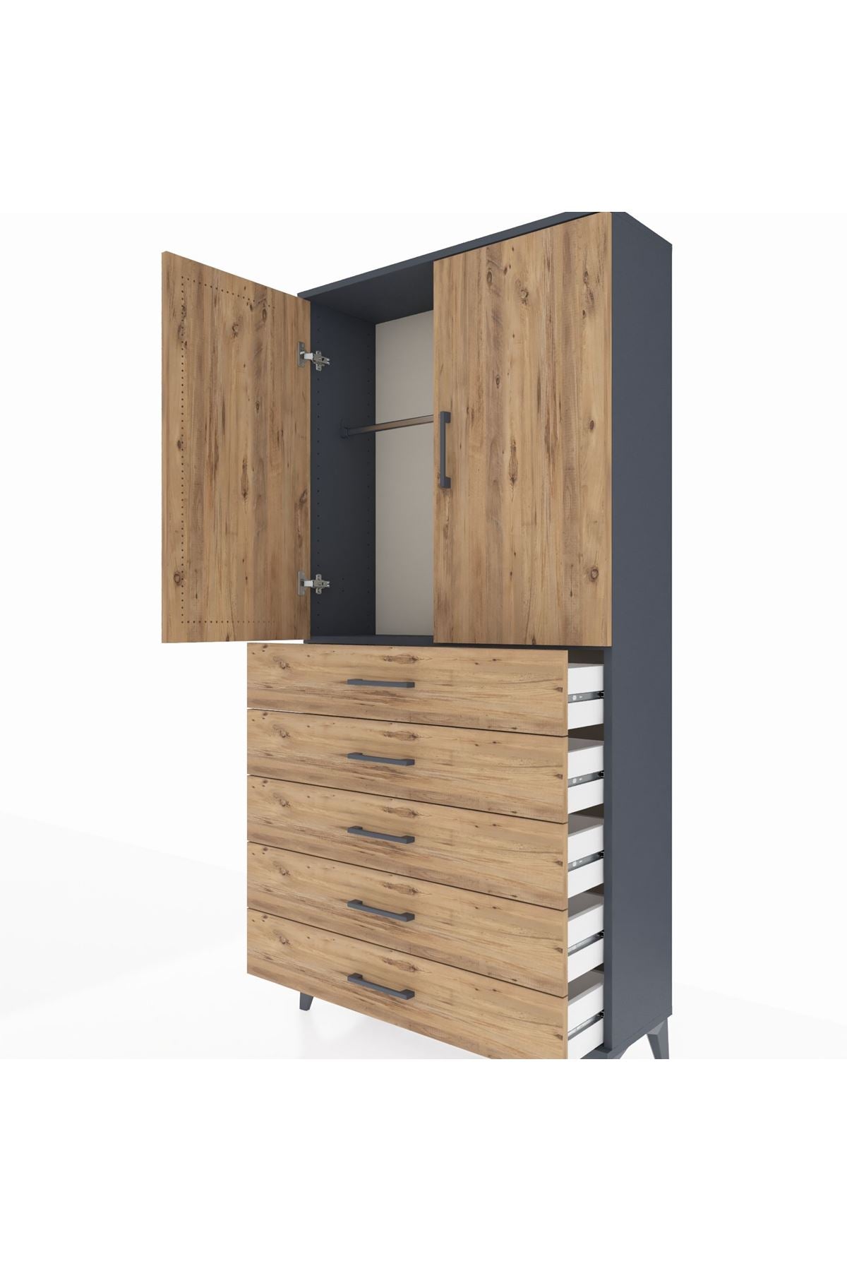 Arges Dolap Tek Raflı 5 Çekmeceli Tek Askılı 88x30x182 Antrasit-Çam