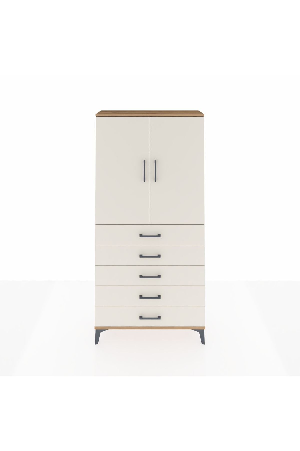 Arges Dolap Tek Raflı 5 Çekmeceli Tek Askılı 88x30x182 Çam-Aytaşı