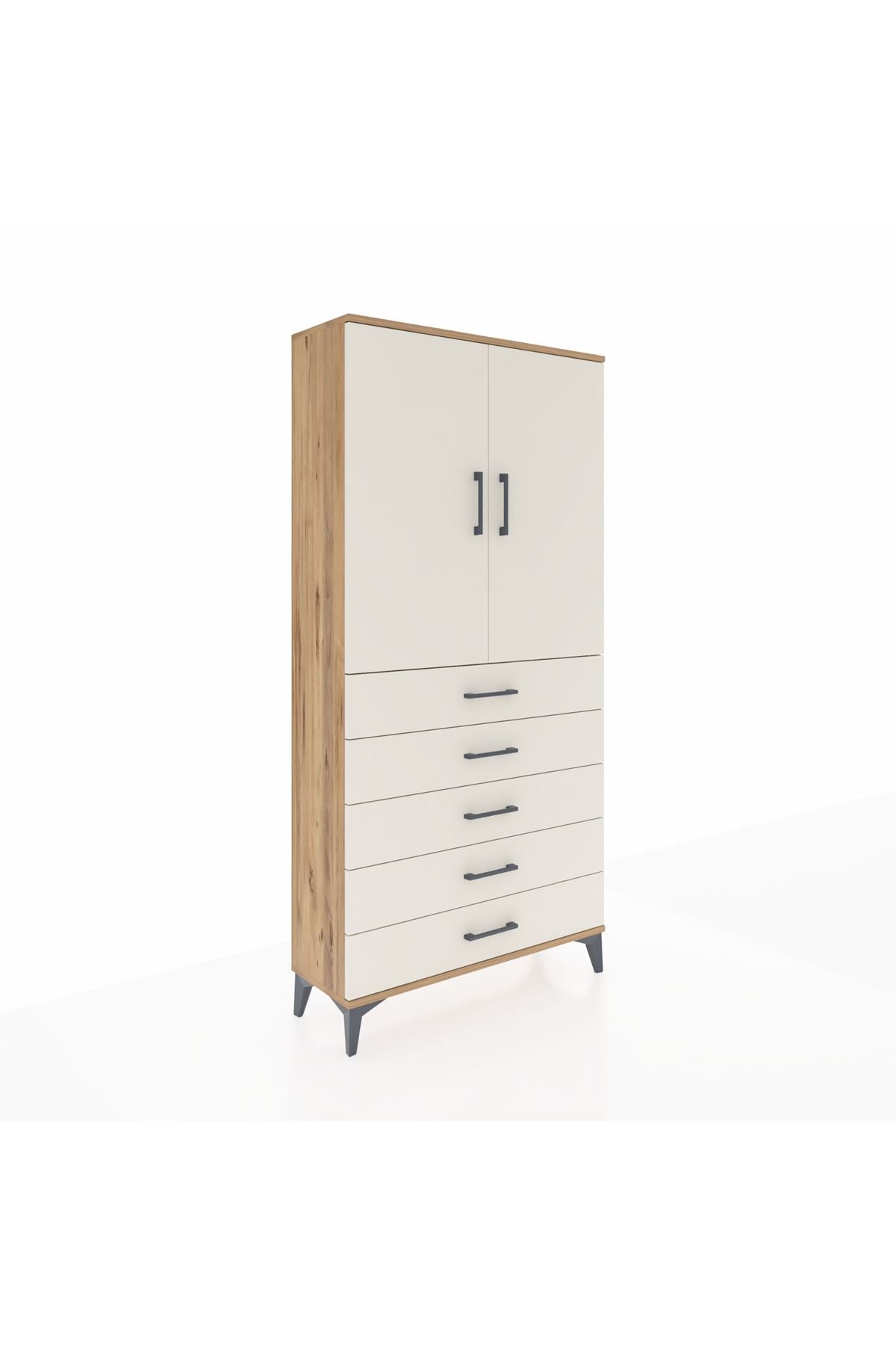 Arges Dolap Tek Raflı 5 Çekmeceli Tek Askılı 88x30x182 Çam-Aytaşı