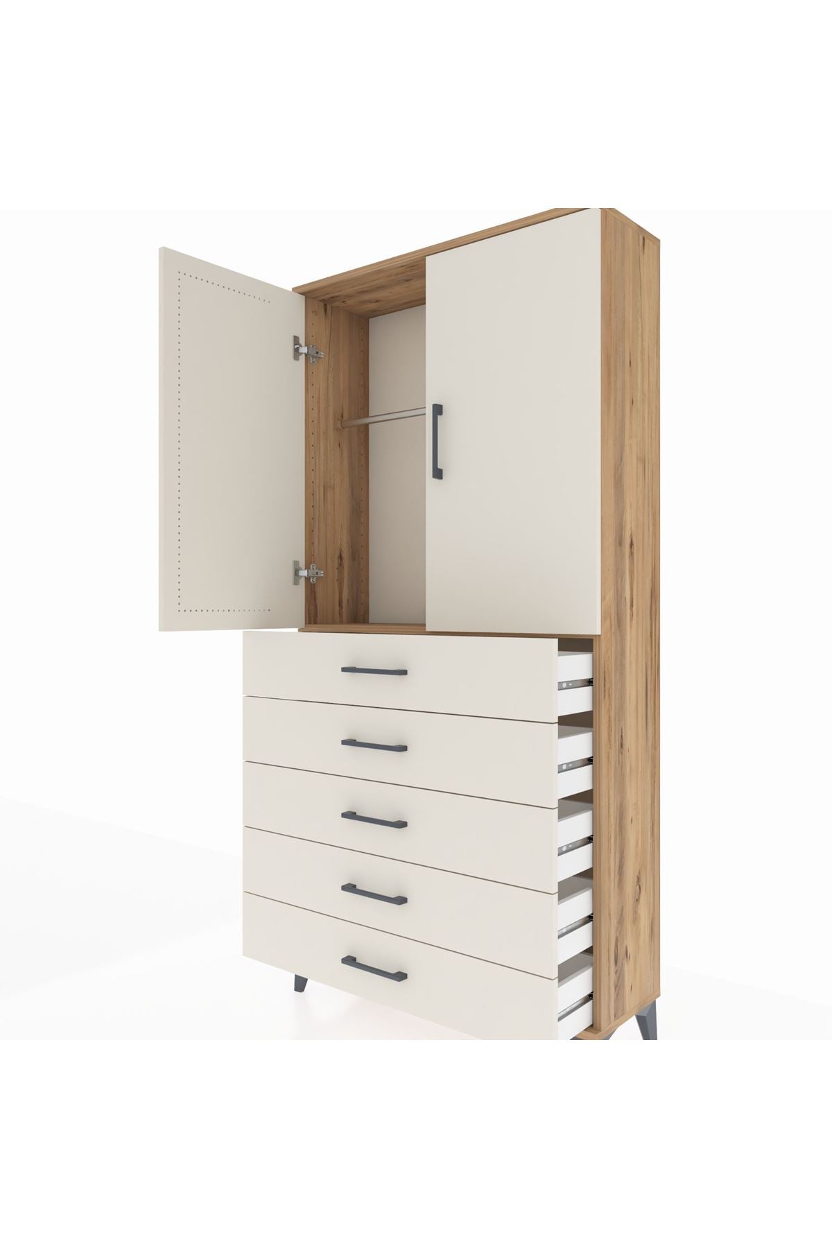 Arges Dolap Tek Raflı 5 Çekmeceli Tek Askılı 88x30x182 Çam-Aytaşı