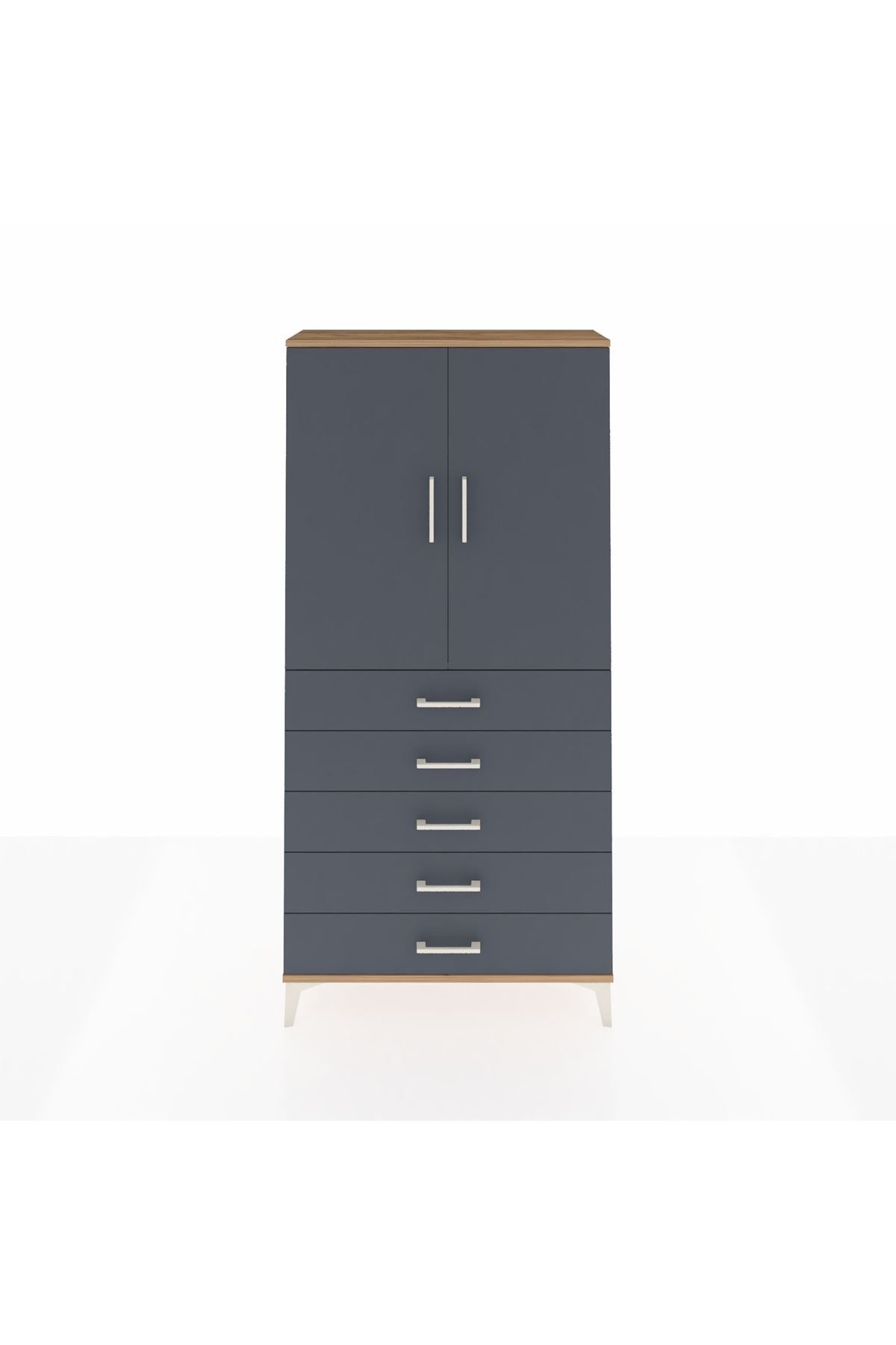 Arges Dolap Tek Raflı 5 Çekmeceli Tek Askılı 88x30x182 Çam-Antrasit