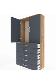 Arges Dolap Tek Raflı 5 Çekmeceli Tek Askılı 88x30x182 Çam-Antrasit
