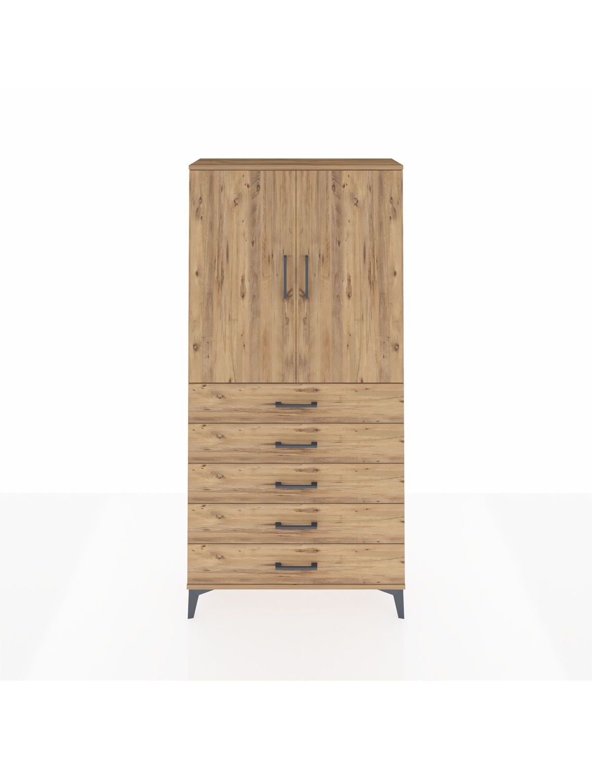 Arges Dolap Tek Raflı 5 Çekmeceli Tek Askılı 88x30x182 Çam-Çam