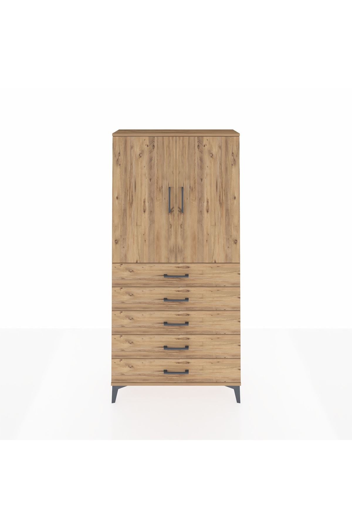 Arges Dolap Tek Raflı 5 Çekmeceli Tek Askılı 88x30x182 Çam-Çam