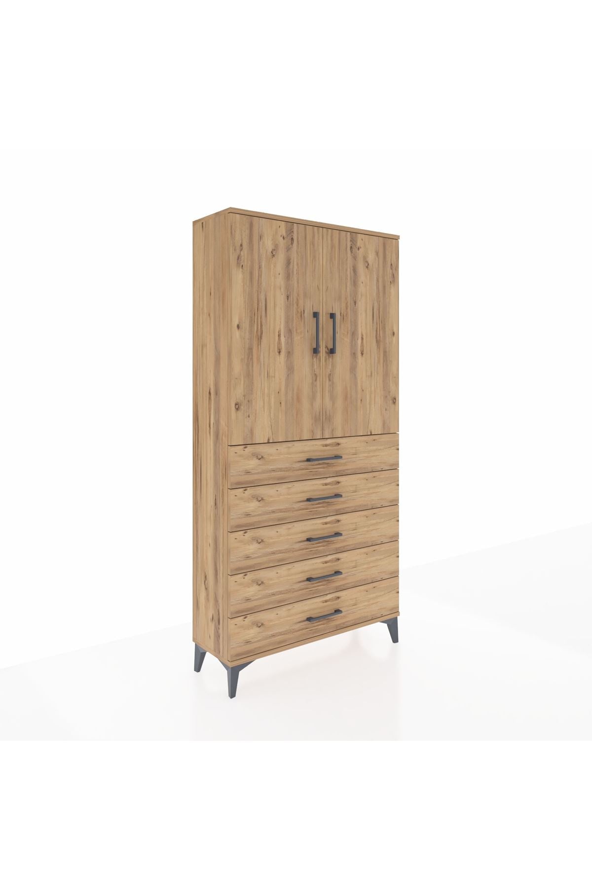 Arges Dolap Tek Raflı 5 Çekmeceli Tek Askılı 88x30x182 Çam-Çam