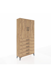 Arges Dolap Tek Raflı 5 Çekmeceli Tek Askılı 88x30x182 Çam-Çam
