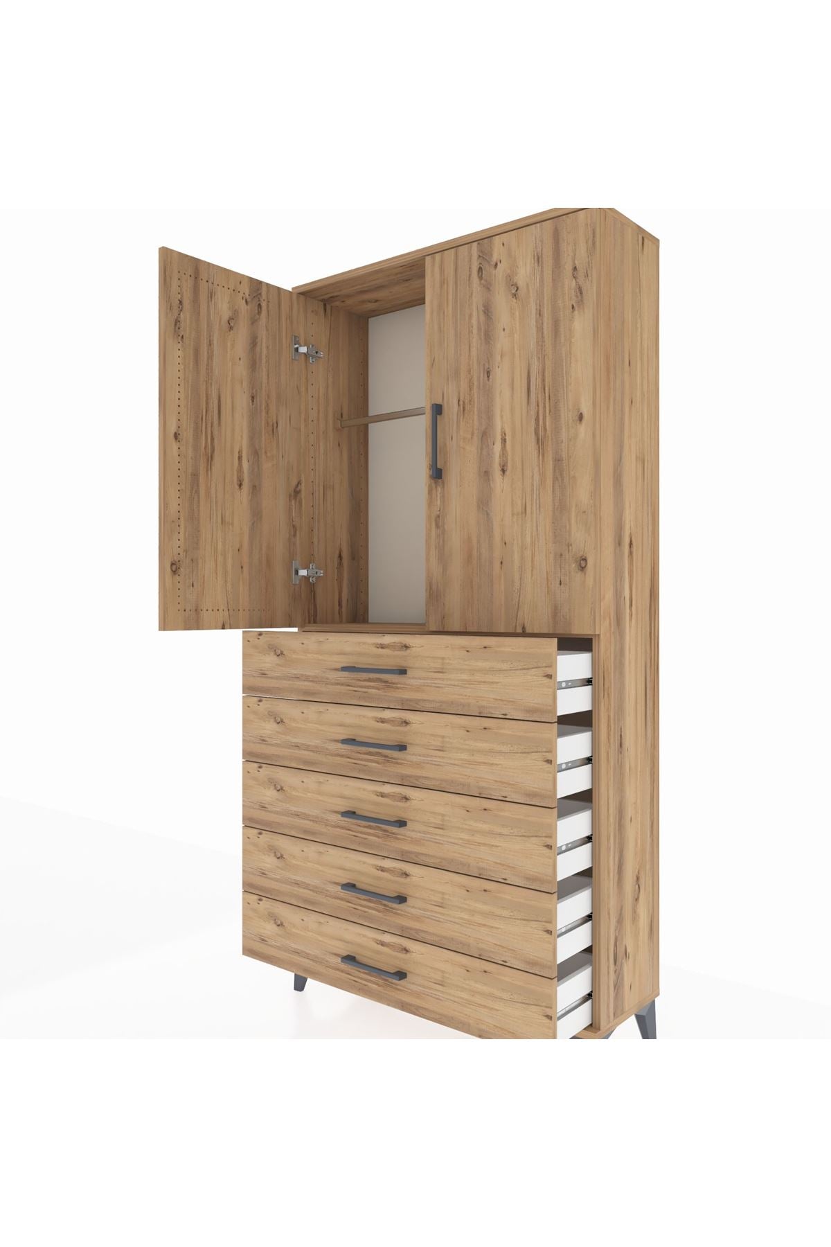 Arges Dolap Tek Raflı 5 Çekmeceli Tek Askılı 88x30x182 Çam-Çam