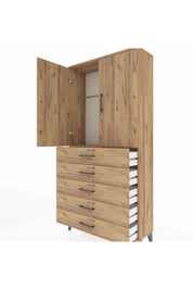 Arges Dolap Tek Raflı 5 Çekmeceli Tek Askılı 88x30x182 Çam-Çam