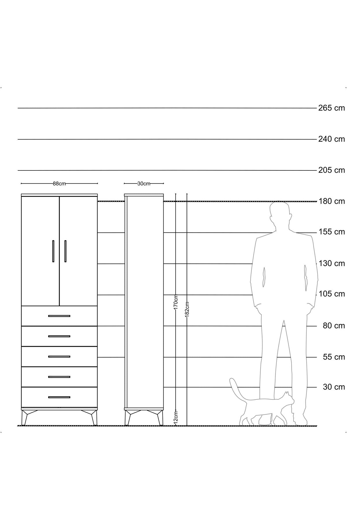 Arges Dolap Tek Raflı 5 Çekmeceli Tek Askılı 88x30x182 Çam-Çam