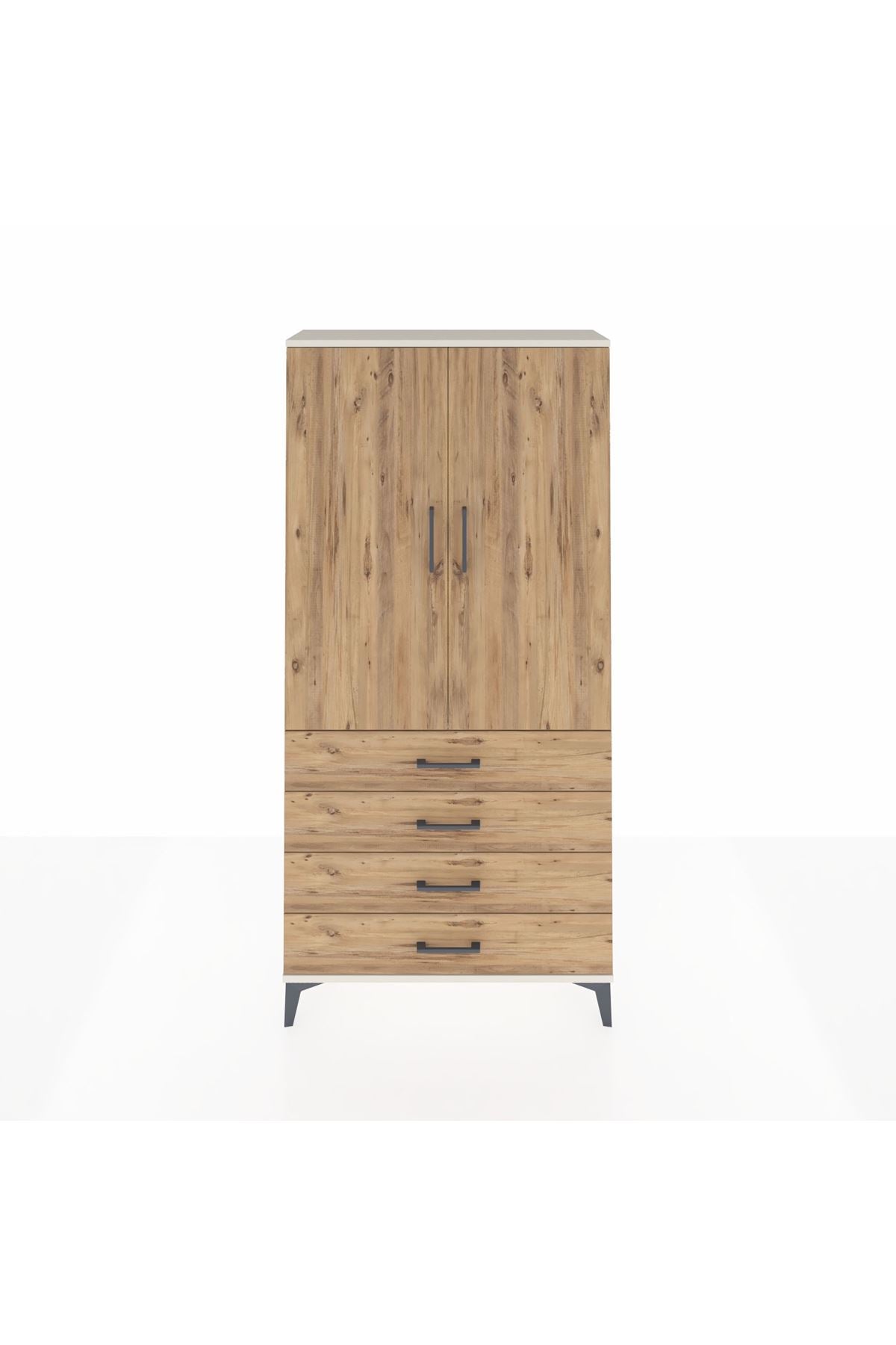 Arges Dolap Tek Raflı 4 Çekmeceli Tek Askılı 88x30x182 Aytaşı-Çam