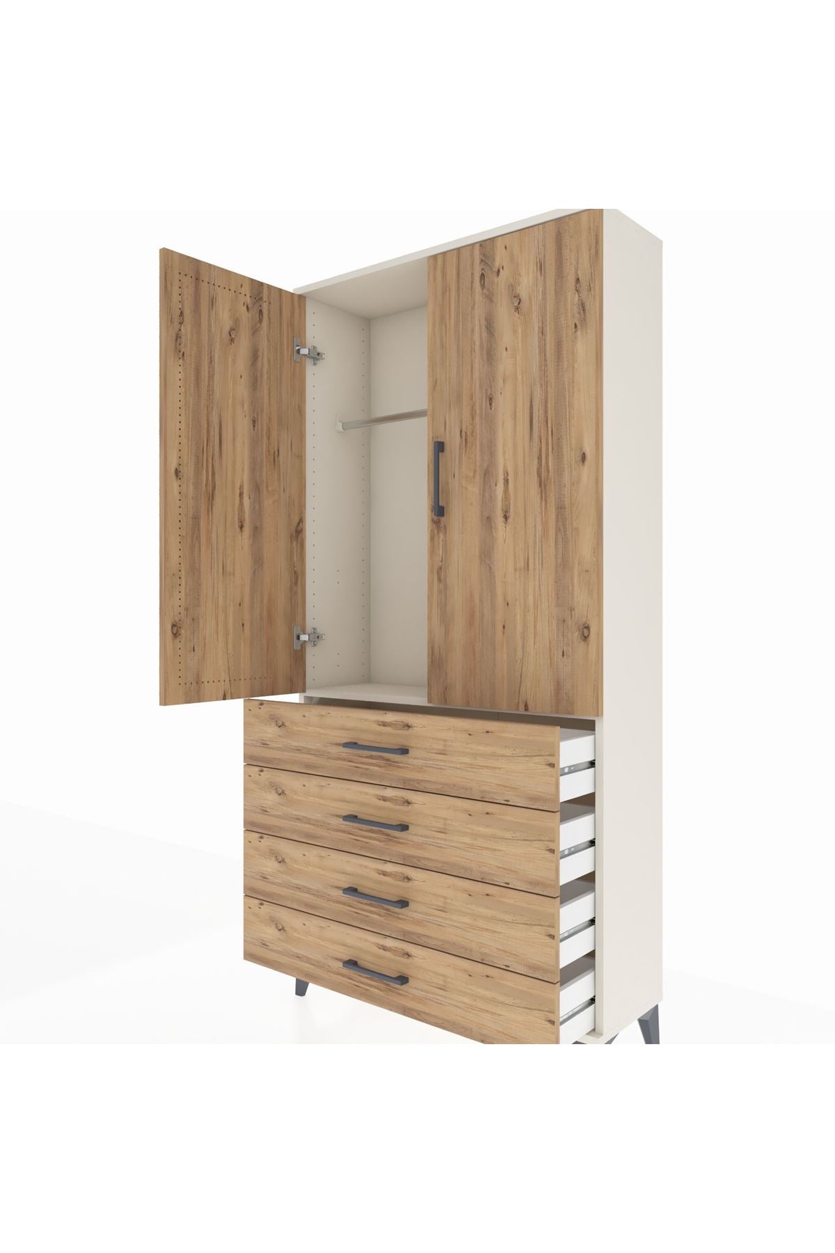 Arges Dolap Tek Raflı 4 Çekmeceli Tek Askılı 88x30x182 Aytaşı-Çam