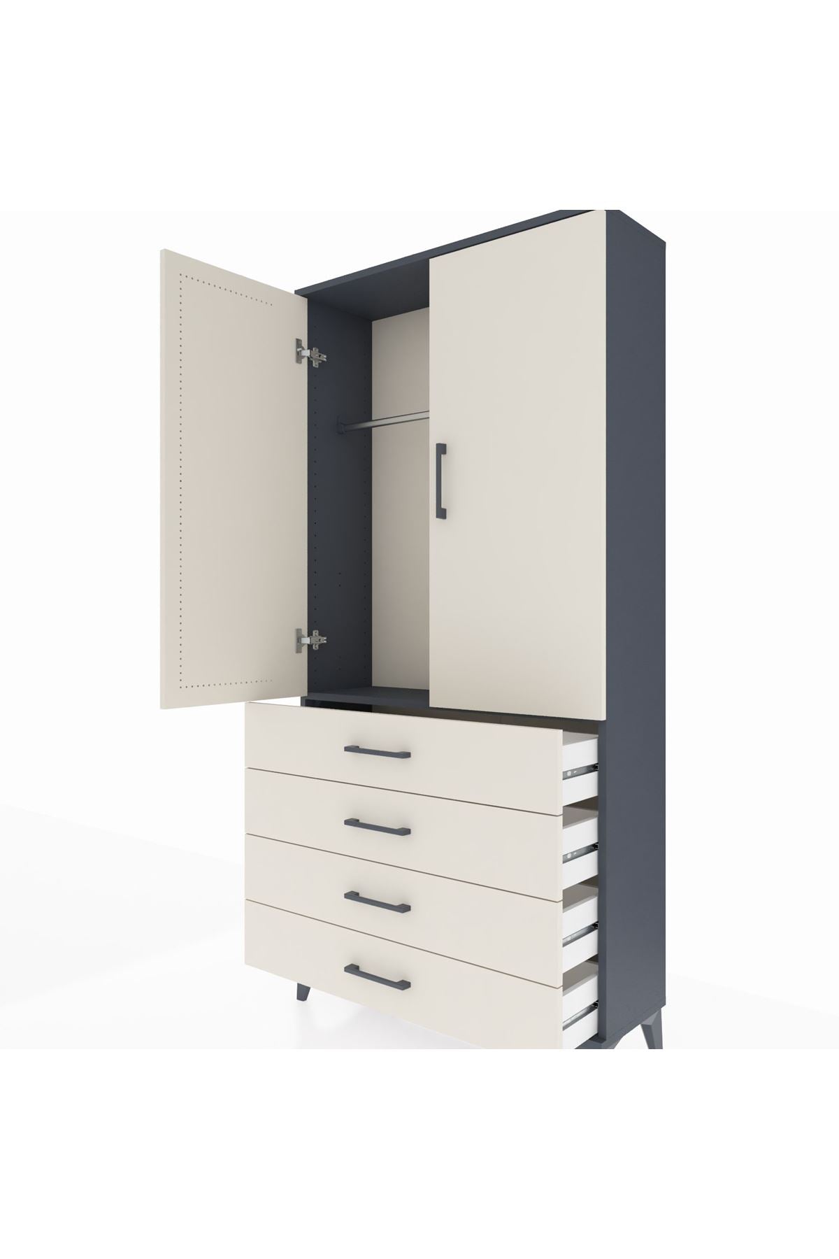 Arges Dolap Tek Raflı 4 Çekmeceli Tek Askılı 88x30x182 Antrasit-Aytaşı