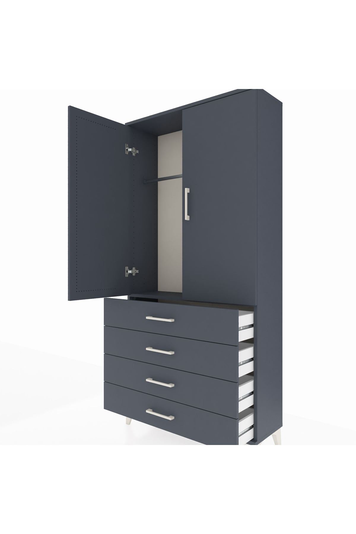 Arges Dolap Tek Raflı 4 Çekmeceli Tek Askılı 88x30x182 Antrasit-Antrasit