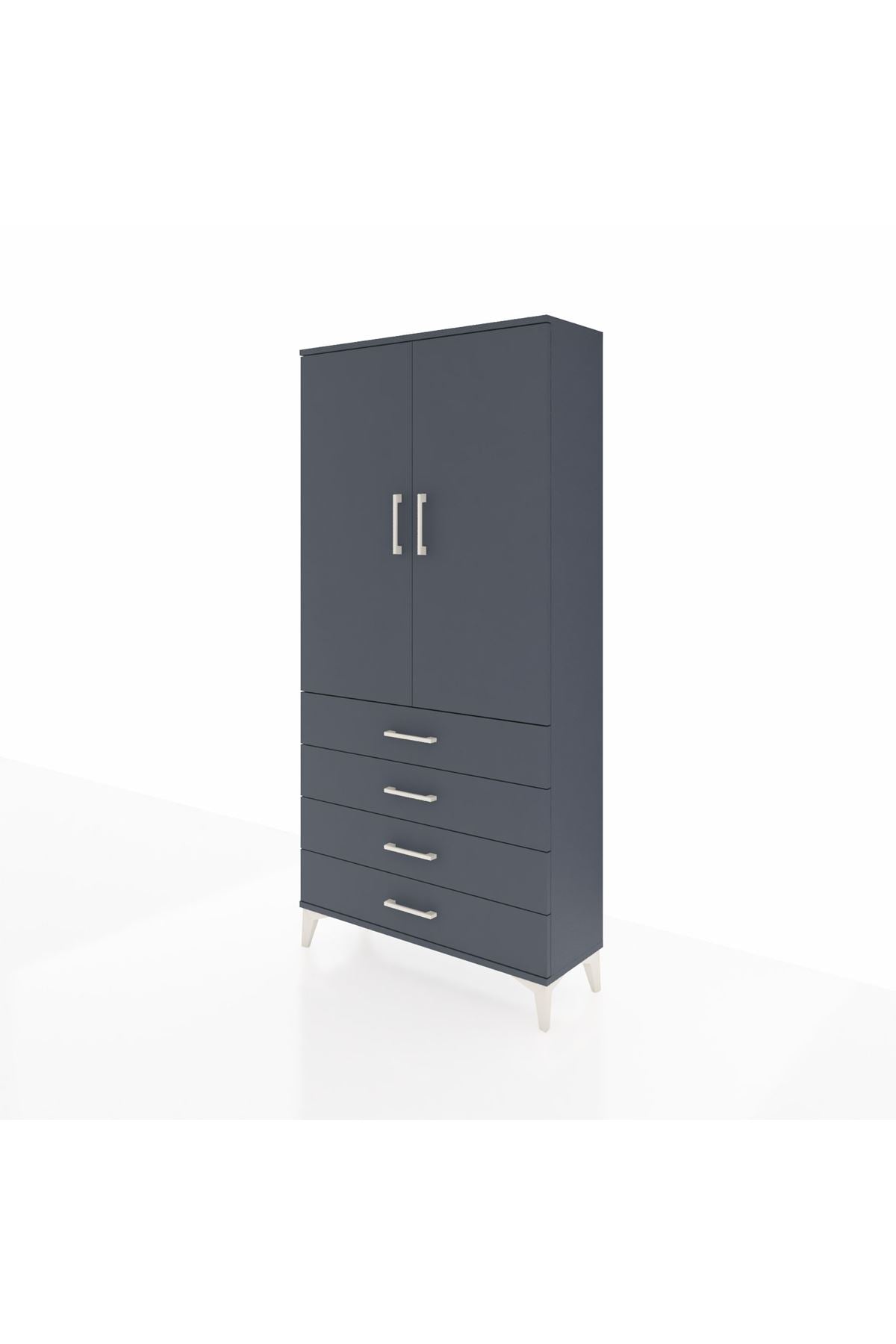 Arges Dolap Tek Raflı 4 Çekmeceli Tek Askılı 88x30x182 Antrasit-Antrasit