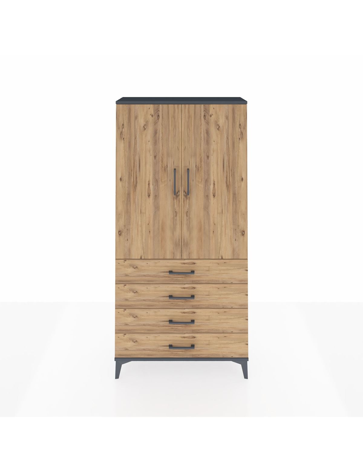 Arges Dolap Tek Raflı 4 Çekmeceli Tek Askılı 88x30x182 Antrasit-Çam