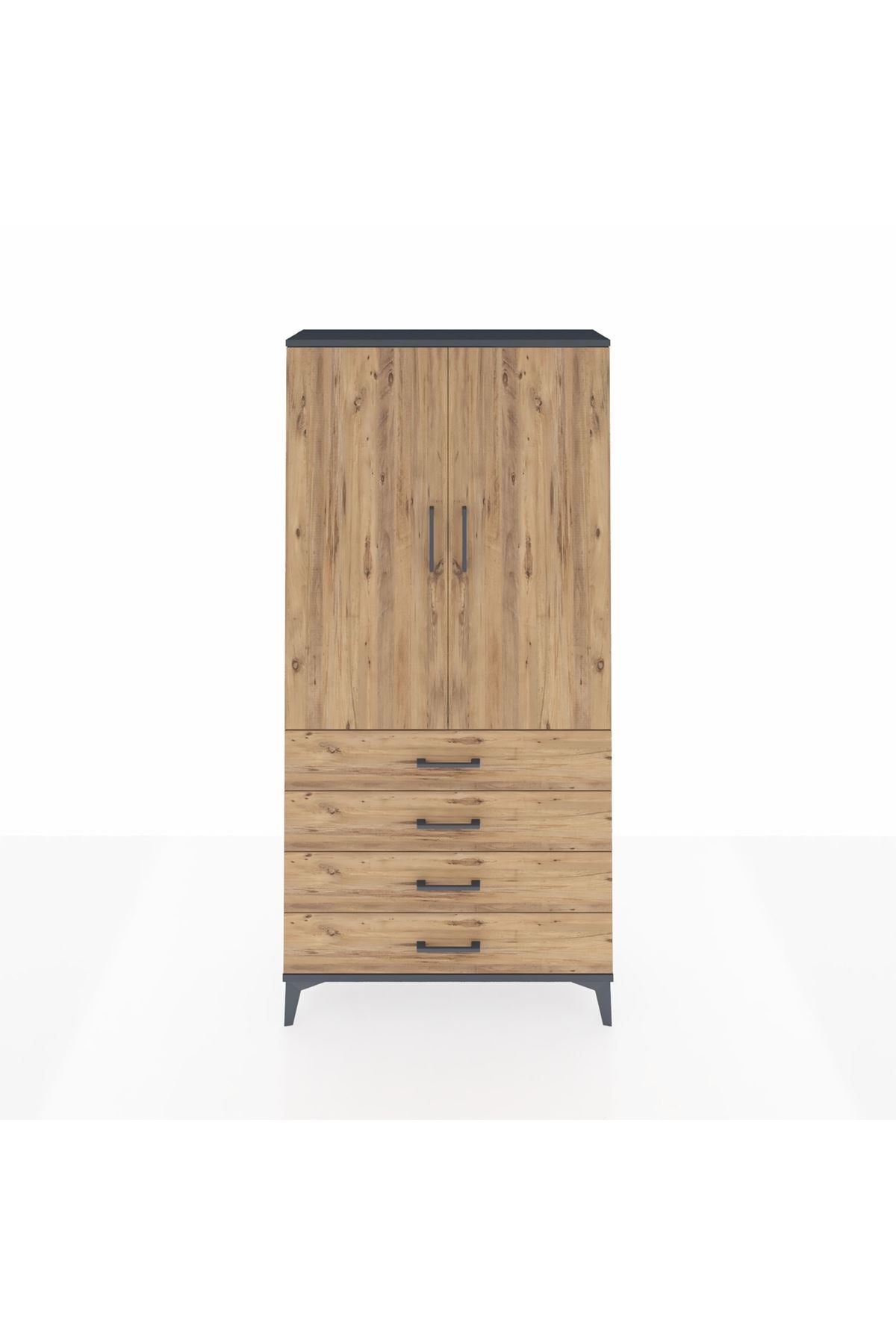 Arges Dolap Tek Raflı 4 Çekmeceli Tek Askılı 88x30x182 Antrasit-Çam