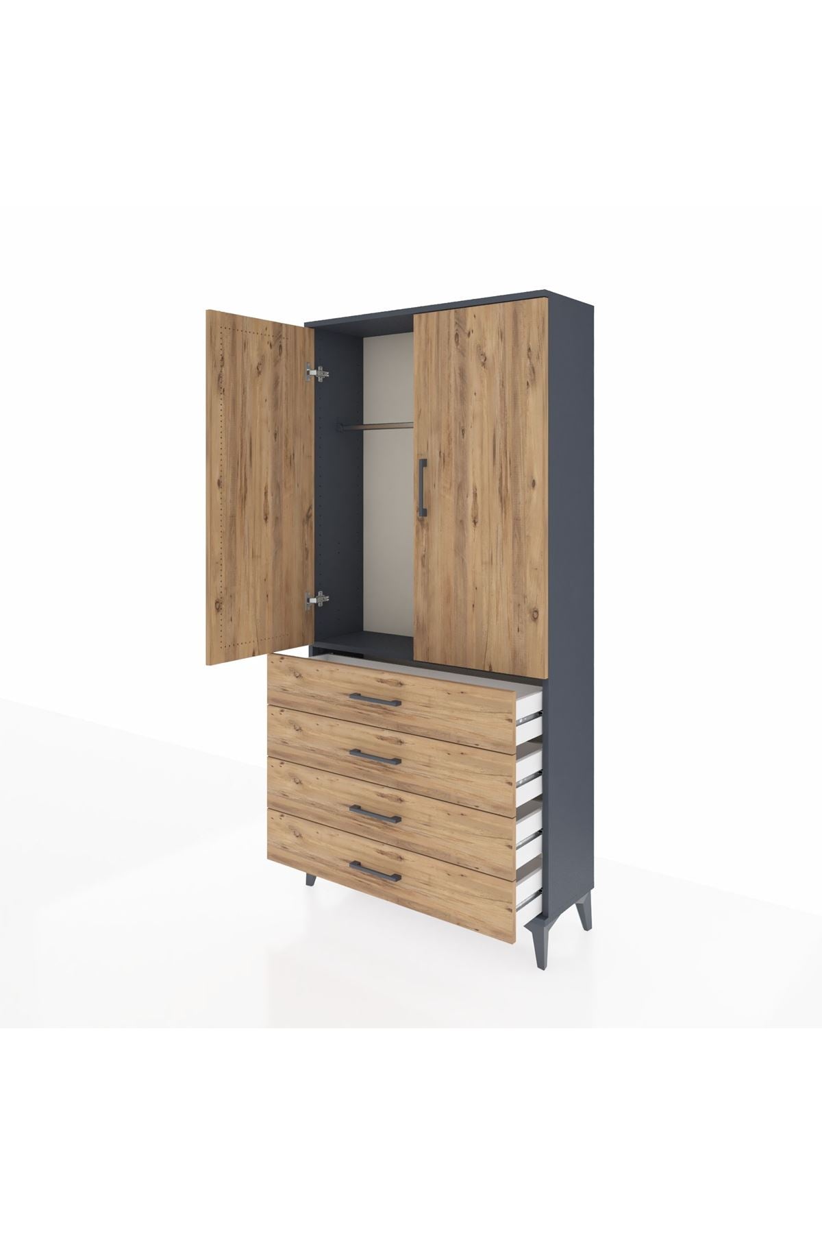 Arges Dolap Tek Raflı 4 Çekmeceli Tek Askılı 88x30x182 Antrasit-Çam