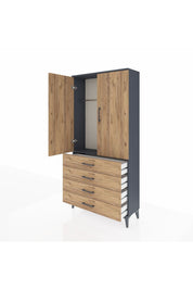 Arges Dolap Tek Raflı 4 Çekmeceli Tek Askılı 88x30x182 Antrasit-Çam