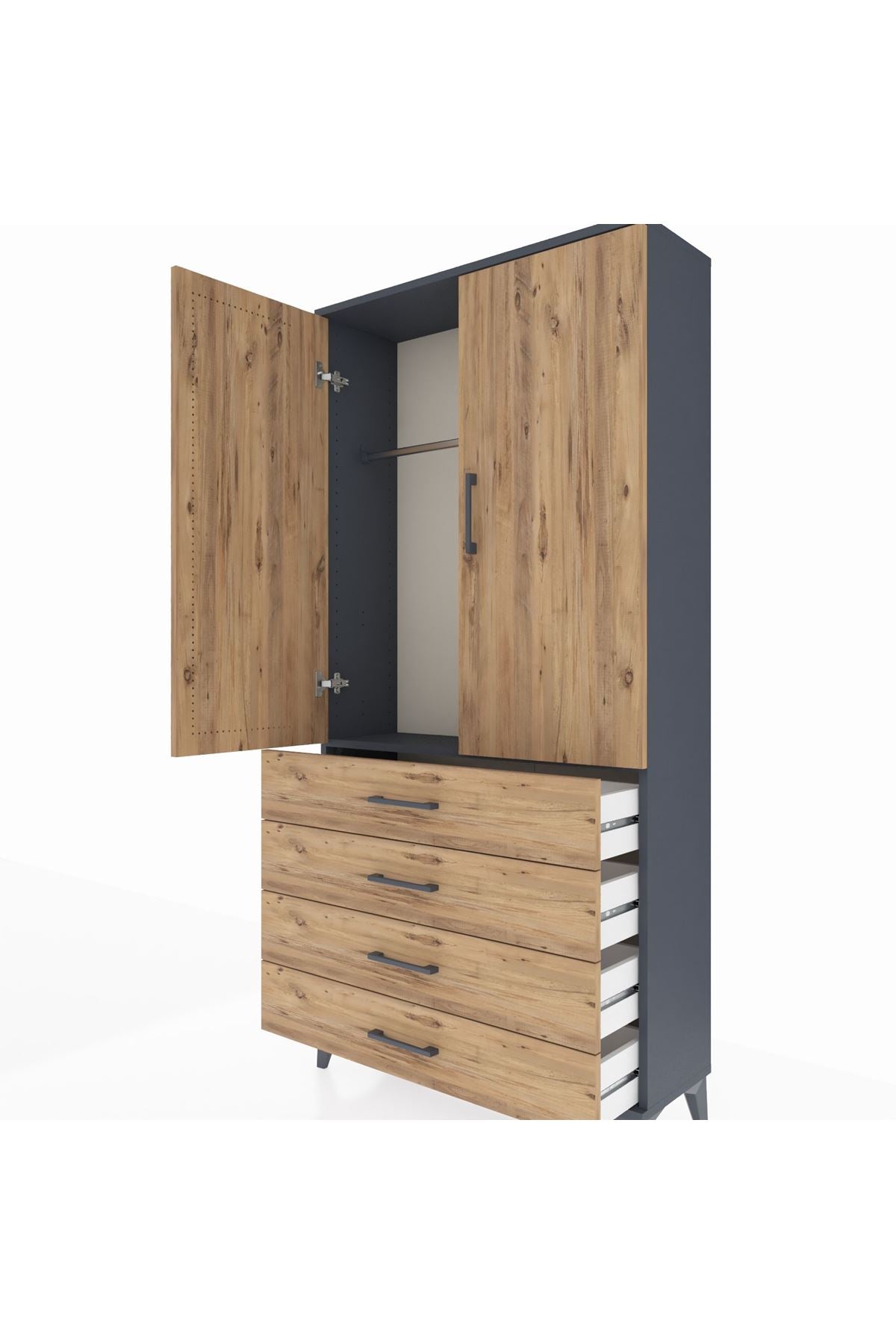 Arges Dolap Tek Raflı 4 Çekmeceli Tek Askılı 88x30x182 Antrasit-Çam