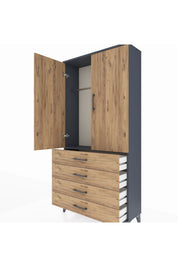 Arges Dolap Tek Raflı 4 Çekmeceli Tek Askılı 88x30x182 Antrasit-Çam