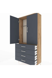 Arges Dolap Tek Raflı 4 Çekmeceli Tek Askılı 88x30x182 Çam-Antrasit
